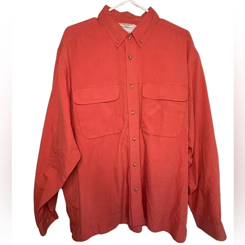 Orvis Button Down Double Pocket Fishing Shirt Long Sleeve Size XL Orange
